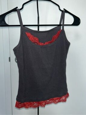 Sleeveless Charcoal Tank with Red Lace Trim - Women